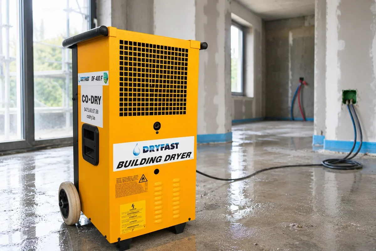 Dryfast DF400F dehumidifier drying a damp construction floor
