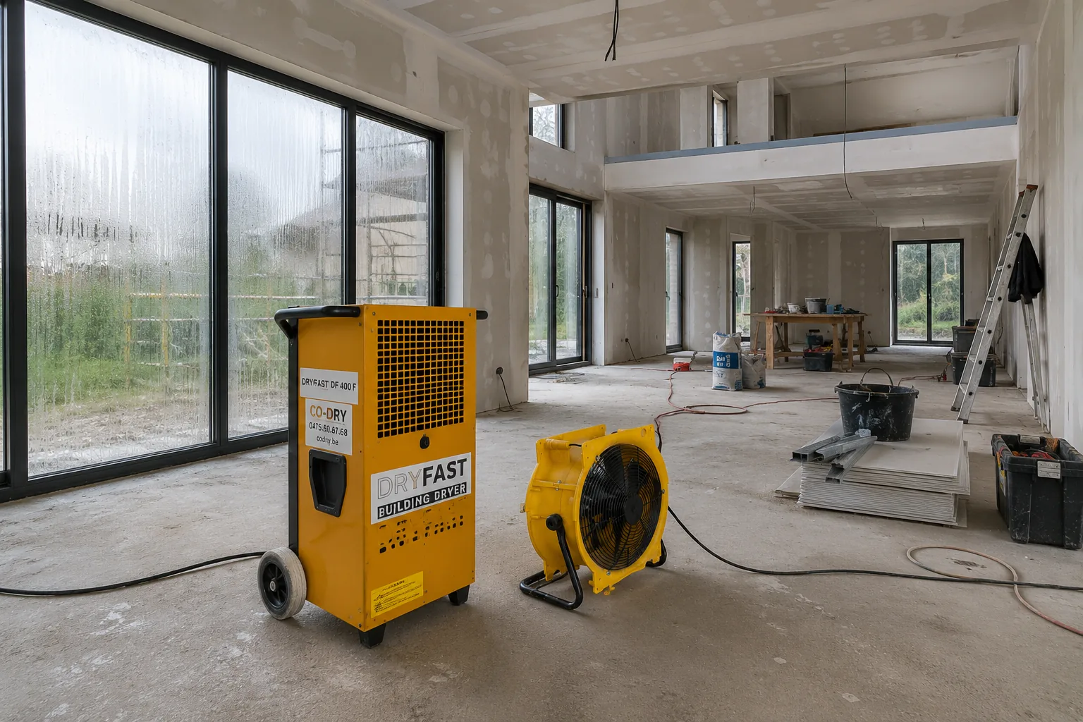 Déshumidificateur Dryfast DF400F et ventilateur dans un chantier neuf aux grandes baies vitrées embuées