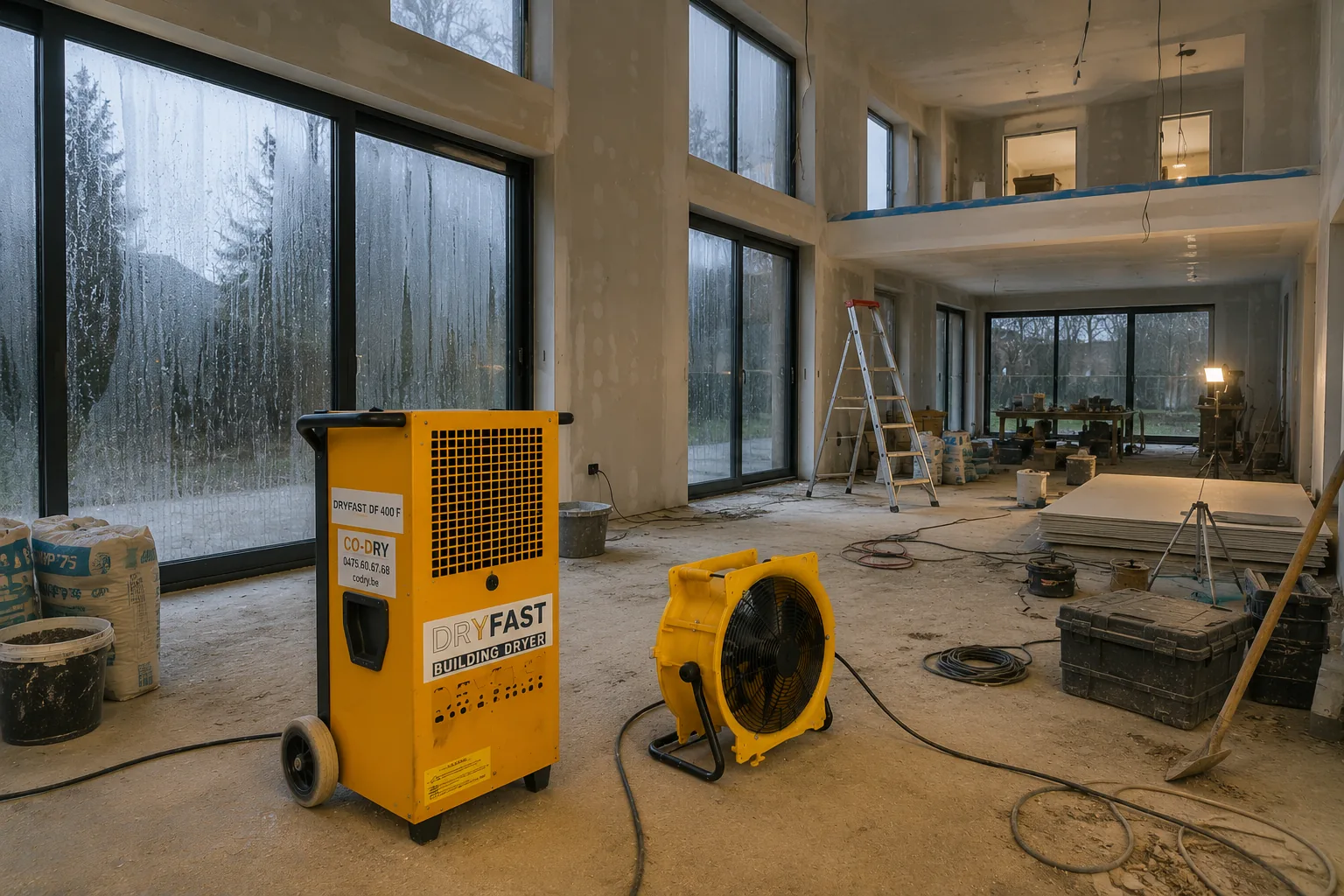 Déshumidificateur Dryfast DF400F et ventilateur dans un chantier neuf avec mezzanine en soirée